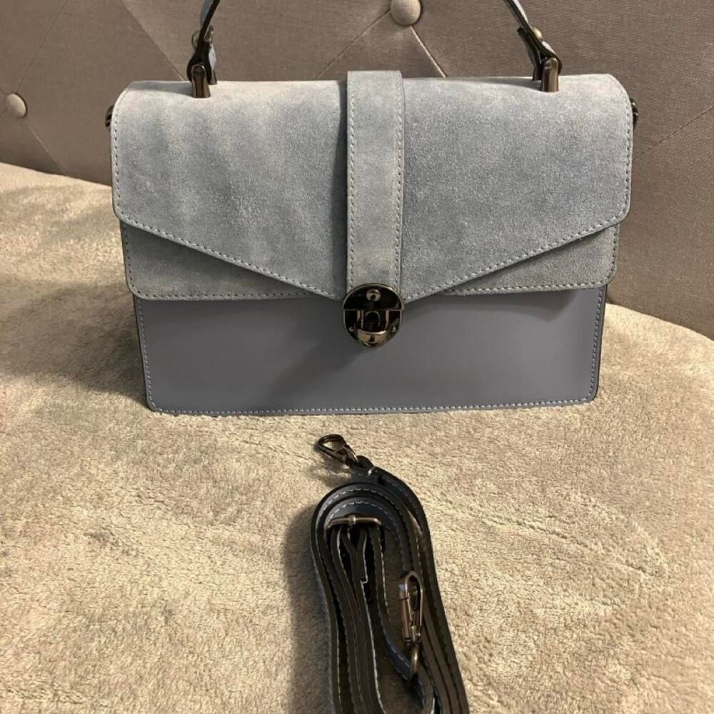 Blue Smooth Leather and Suede Satchel